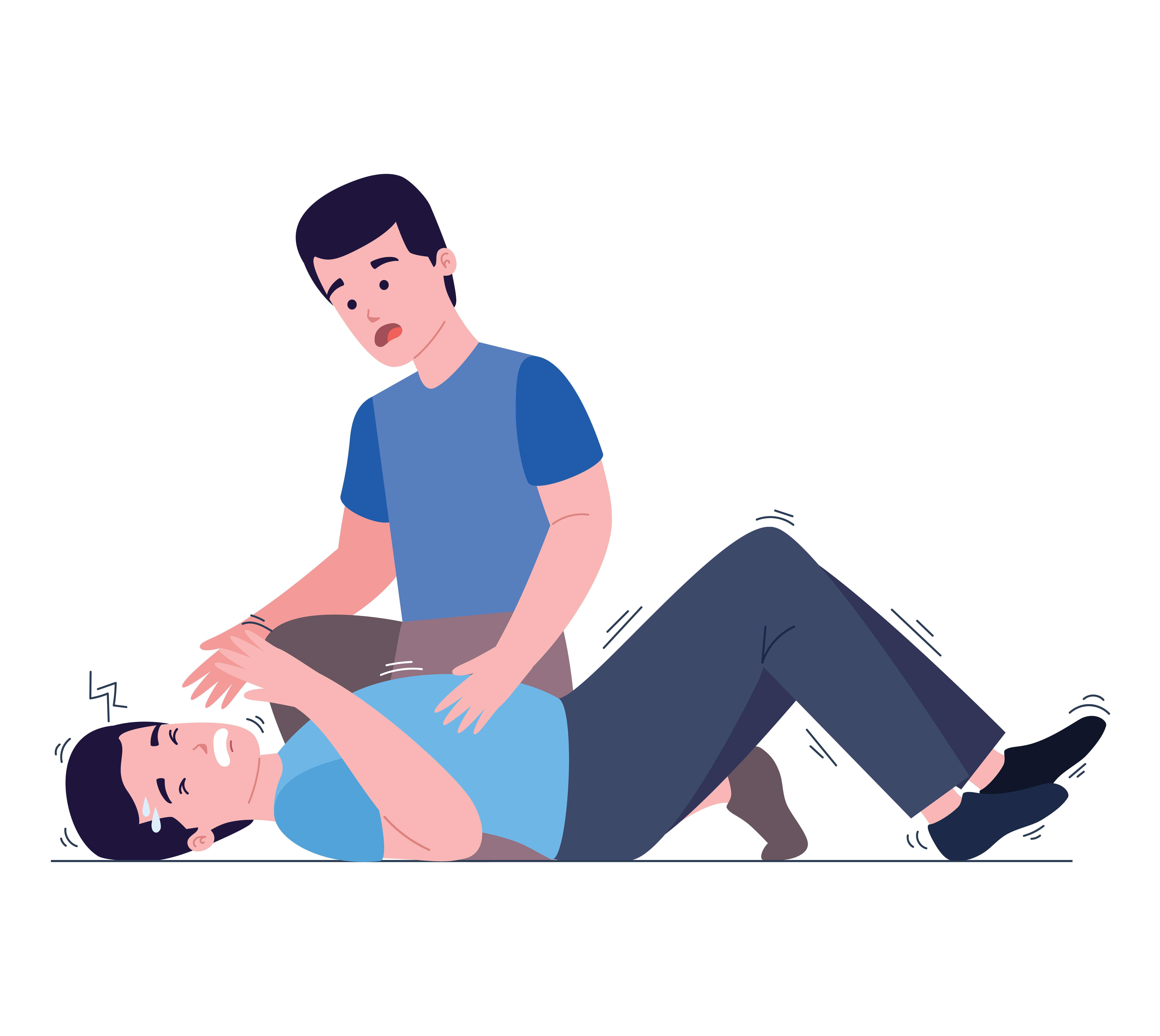 How is epilepsy diagnosed: Illustration of a person assisting someone during a seizure, a situation that may require medical evaluation for an epilepsy diagnosis.