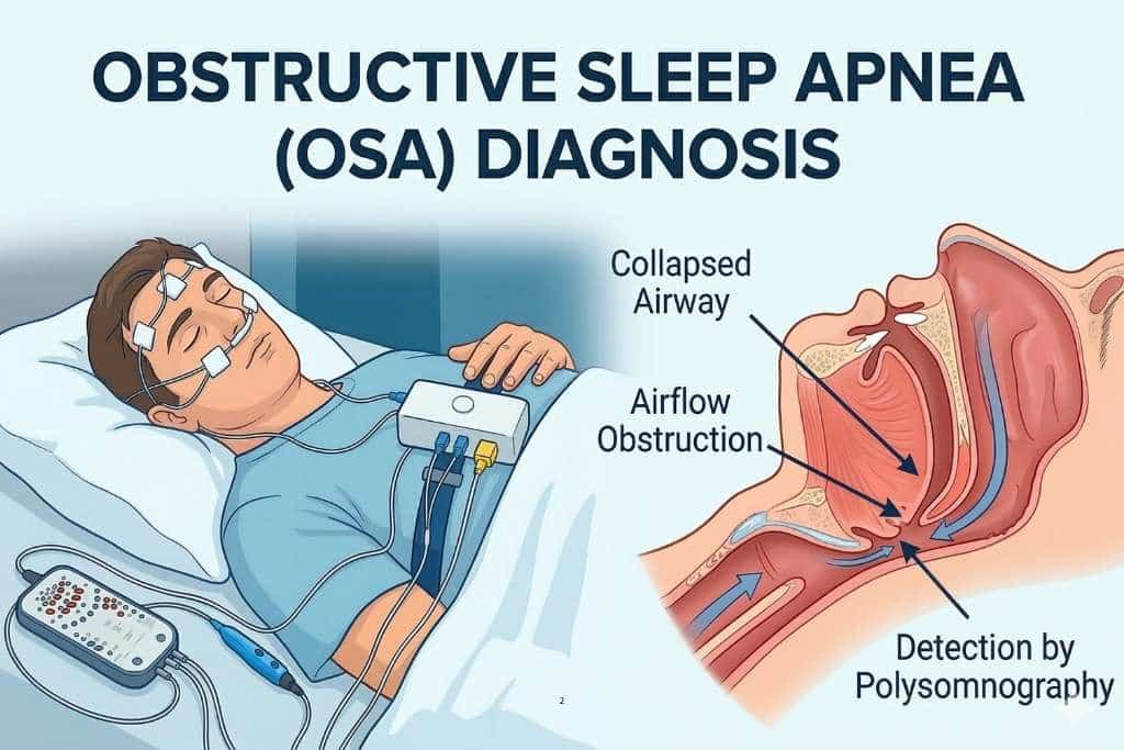 OSA diagnosis illustration showing a patient during a sleep study